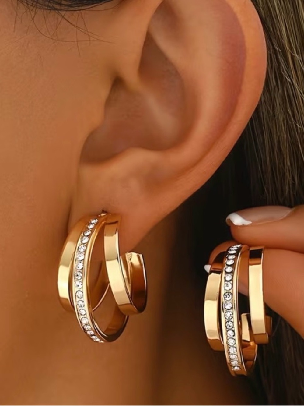Gold Triple Hoop Crystal Accent Earrings - Women Jewelry